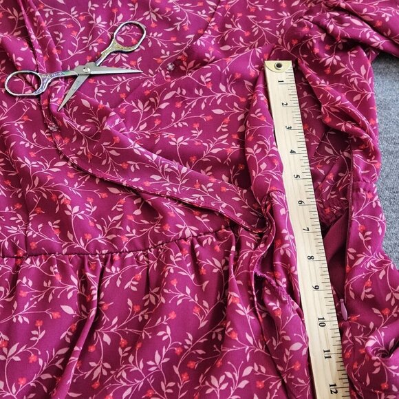 Old Navy Faux Wrap Dress Women L Wine LS Midi Lined Ruffles Dainty Floral Boho - Picture 10 of 16